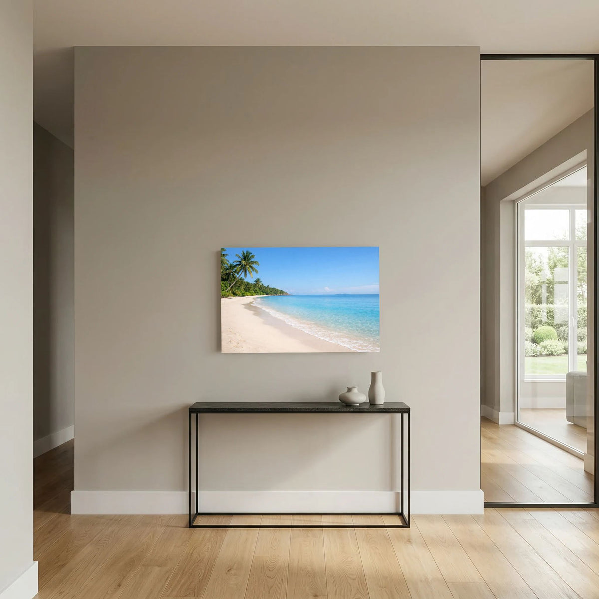 Wandbild mit tropischem Strand, Palmen und türkisfarbenem Meer im Querformat