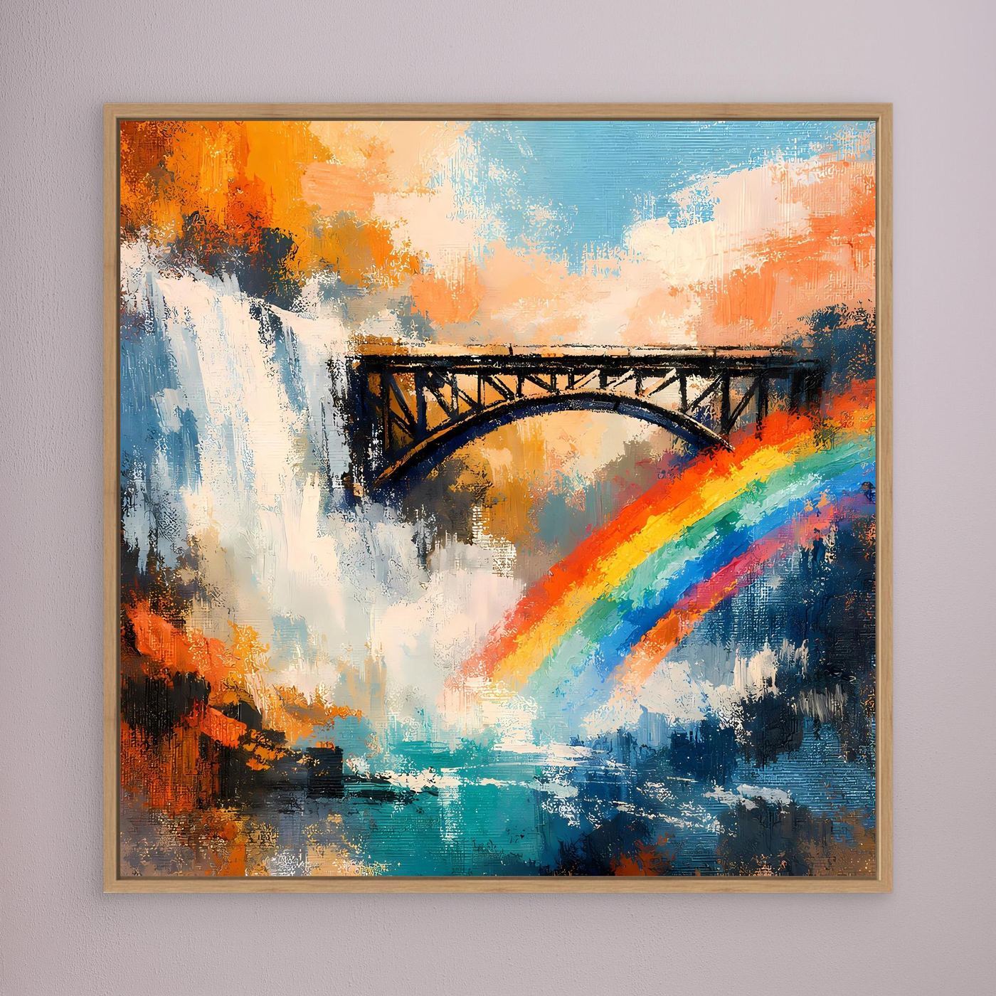 Abstraktes Leinwand-Wandbild: Wasserfall, Brücke & Regenbogen, Holzrahmen