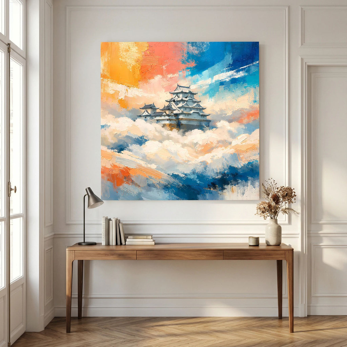 Rechteckiges Leinwandbild mit japanischer Burg auf Wolken, gemalter Himmel mit Pinselstrichen.