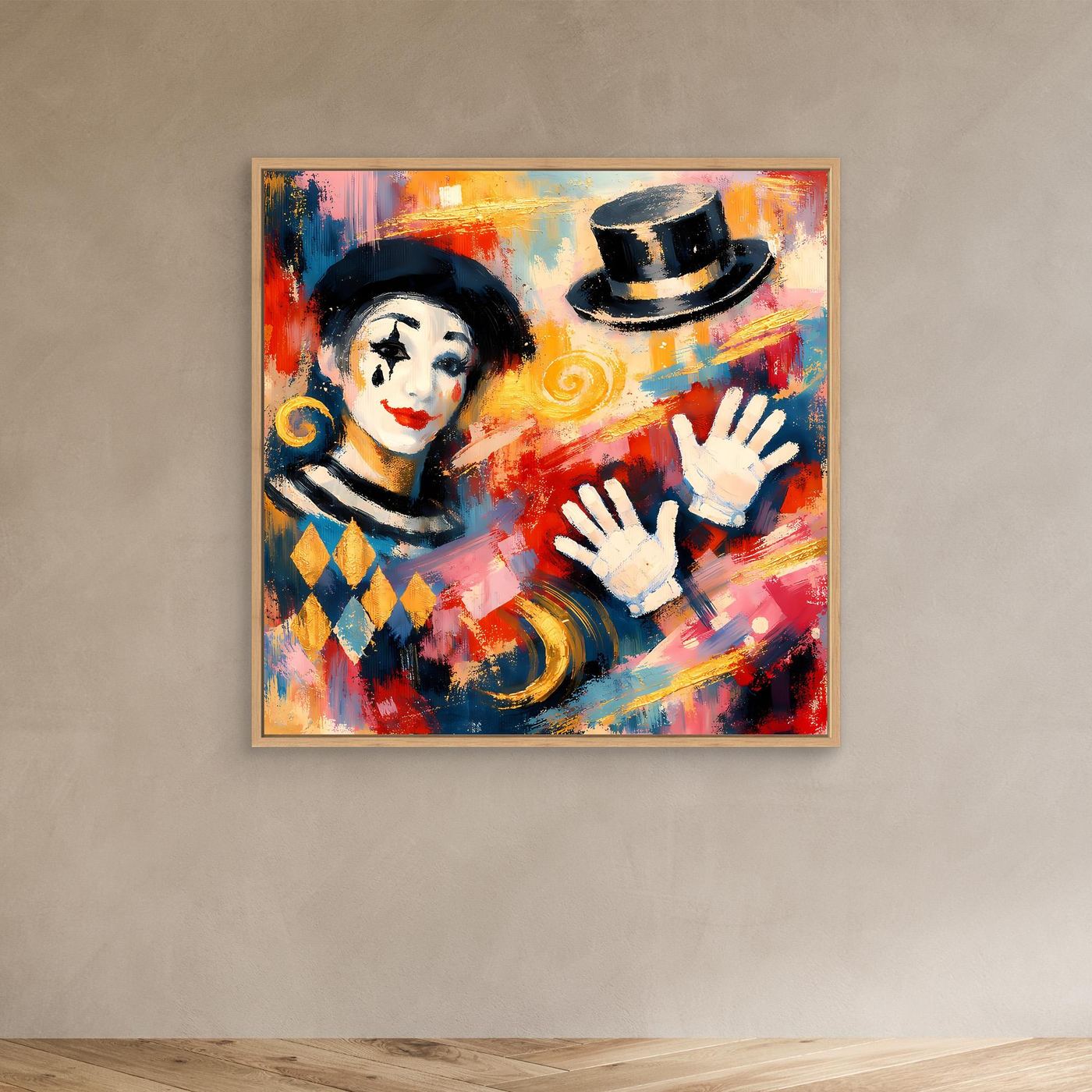 Leinwandbild mit Clown im Zylinder, im weißen Rahmen, bunte Pinselstriche