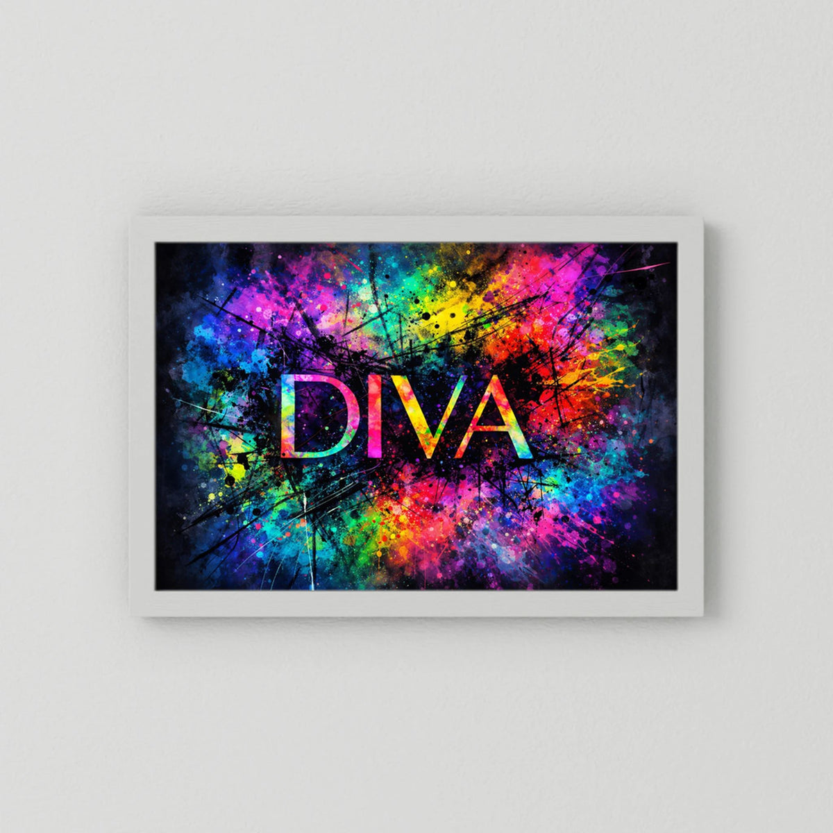 Wandbild „DIVA“ mit abstraktem Neon-Farbdesign, weiß hinterlegt und im Rahmen