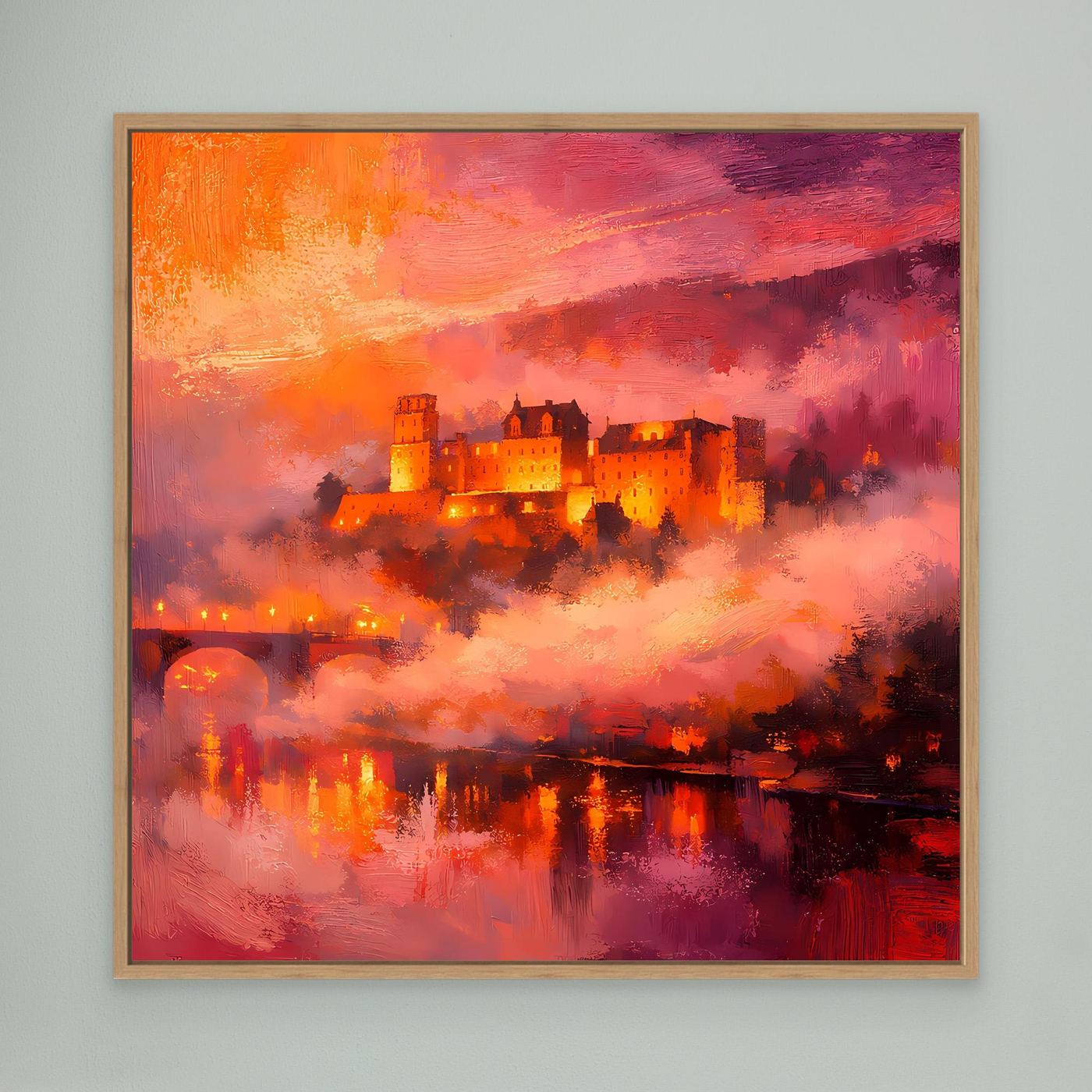 Premium Leinwand Imposantes Schloss im Abendrot | Abstraktes Castle Wandbild in feurigen Farben