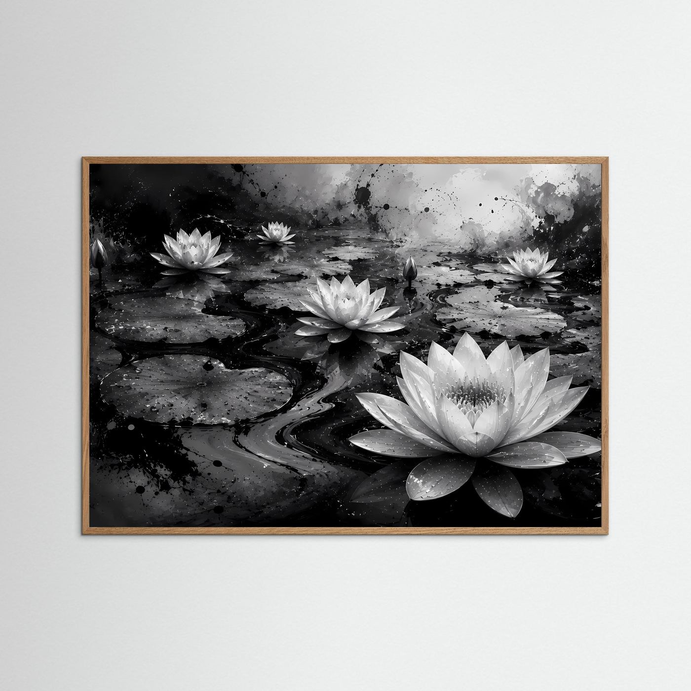 Weiße Seerosen auf schwarzem Wasser | Elegante Schwarz-Weiß Naturkunst – Moderner Lotus Teich