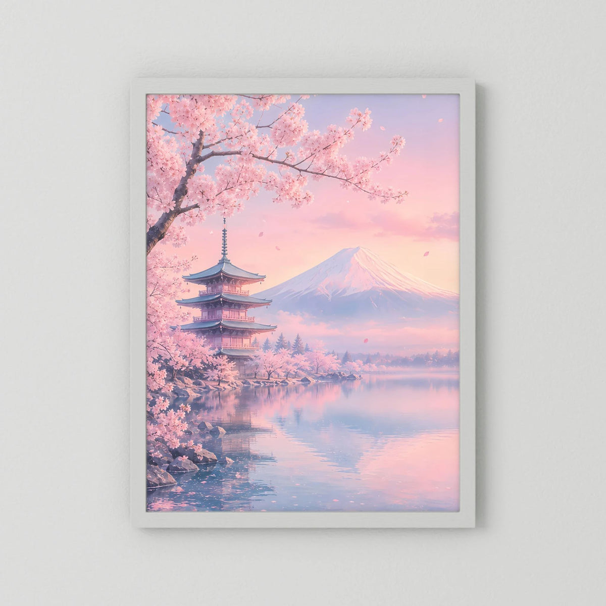 Weiß hinterlegtes Hochformat-Poster mit Kirschblüten, Pagode, Berg und Spiegelung im Wasser