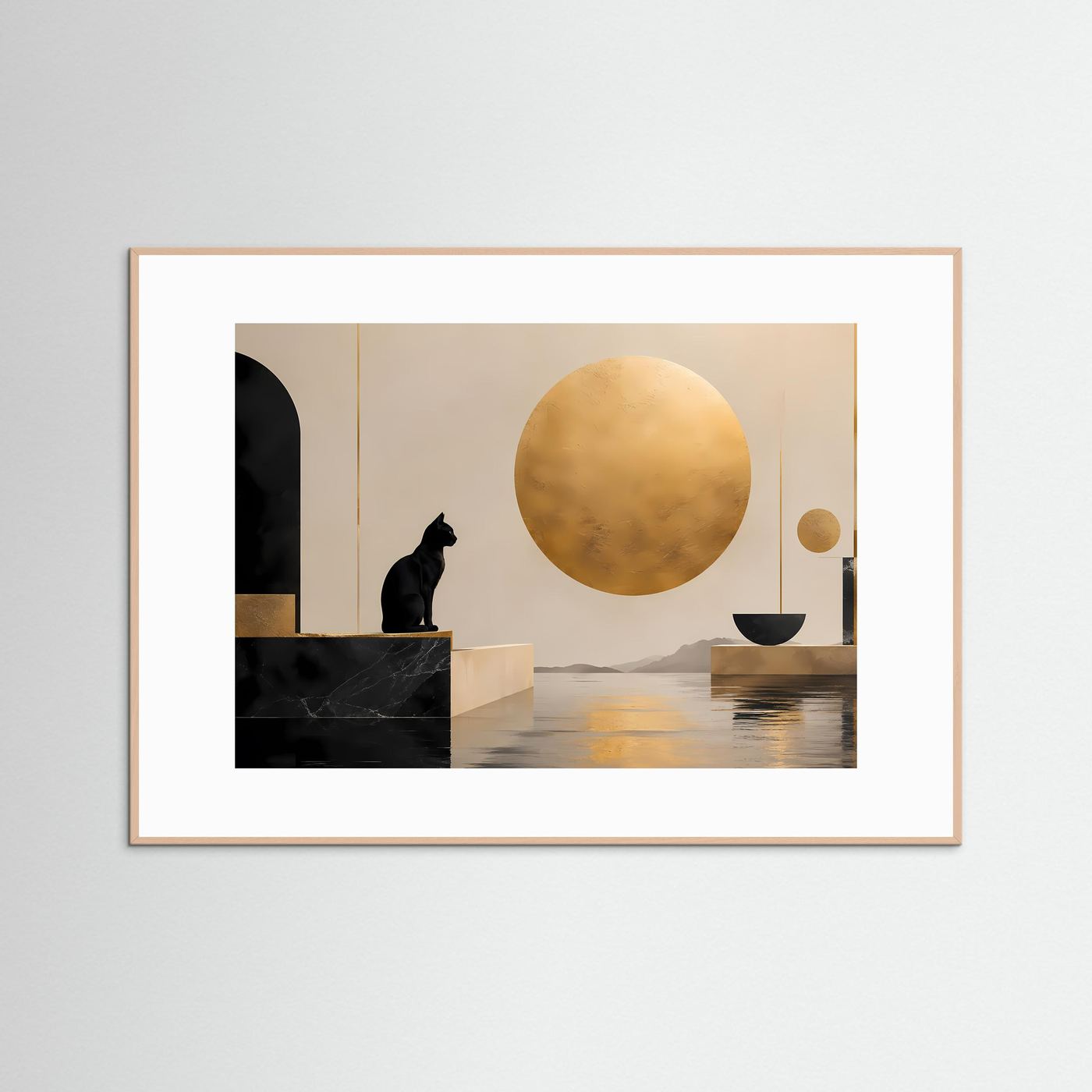 Schwarze Katze vor goldener Sonne | Minimalistische Kunst in Schwarz & Beige