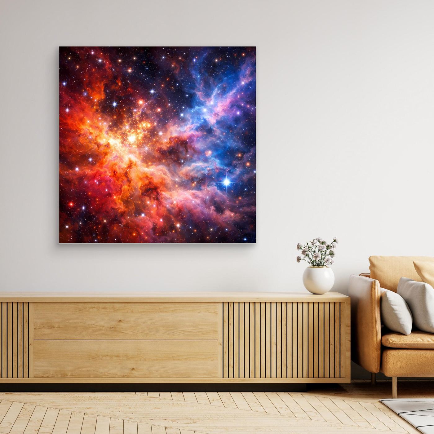 Leinwandbild mit kosmischem Nebelmotiv, schwarzer Rahmen
