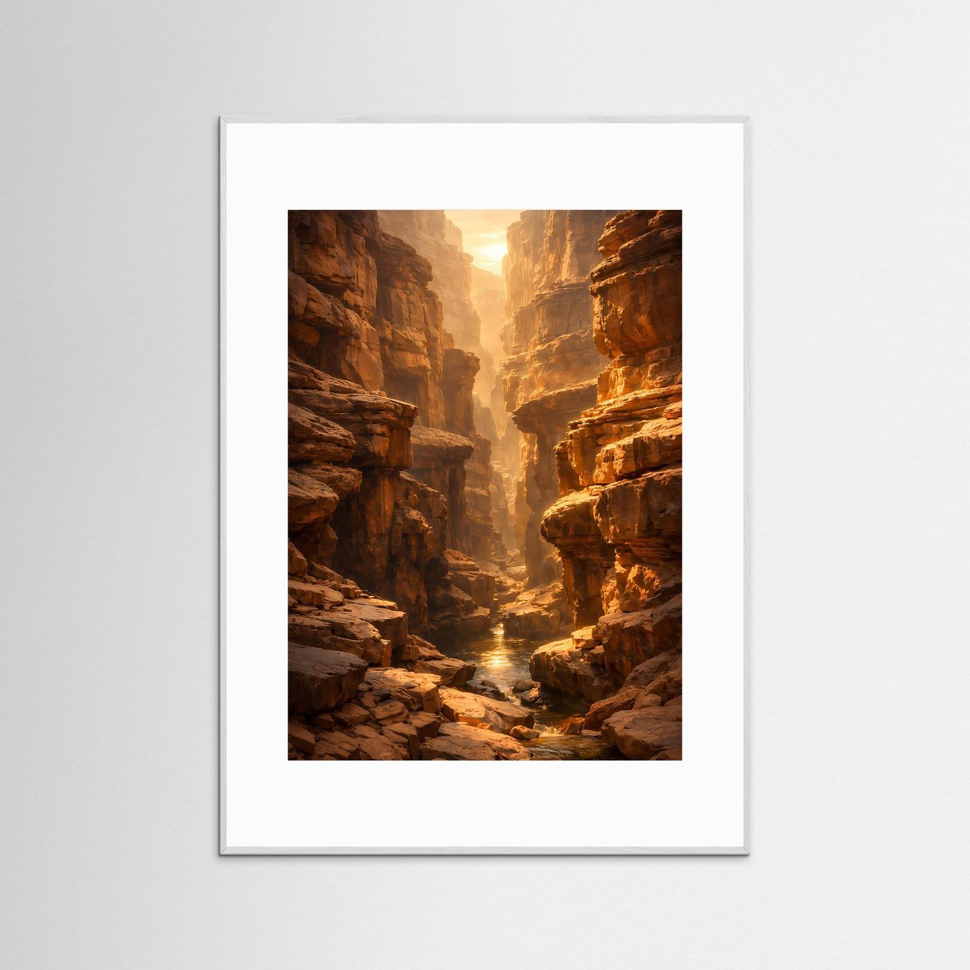 Canyonposter mit goldener Felsenschlucht im Hochformat, silbergrauer Rahmen