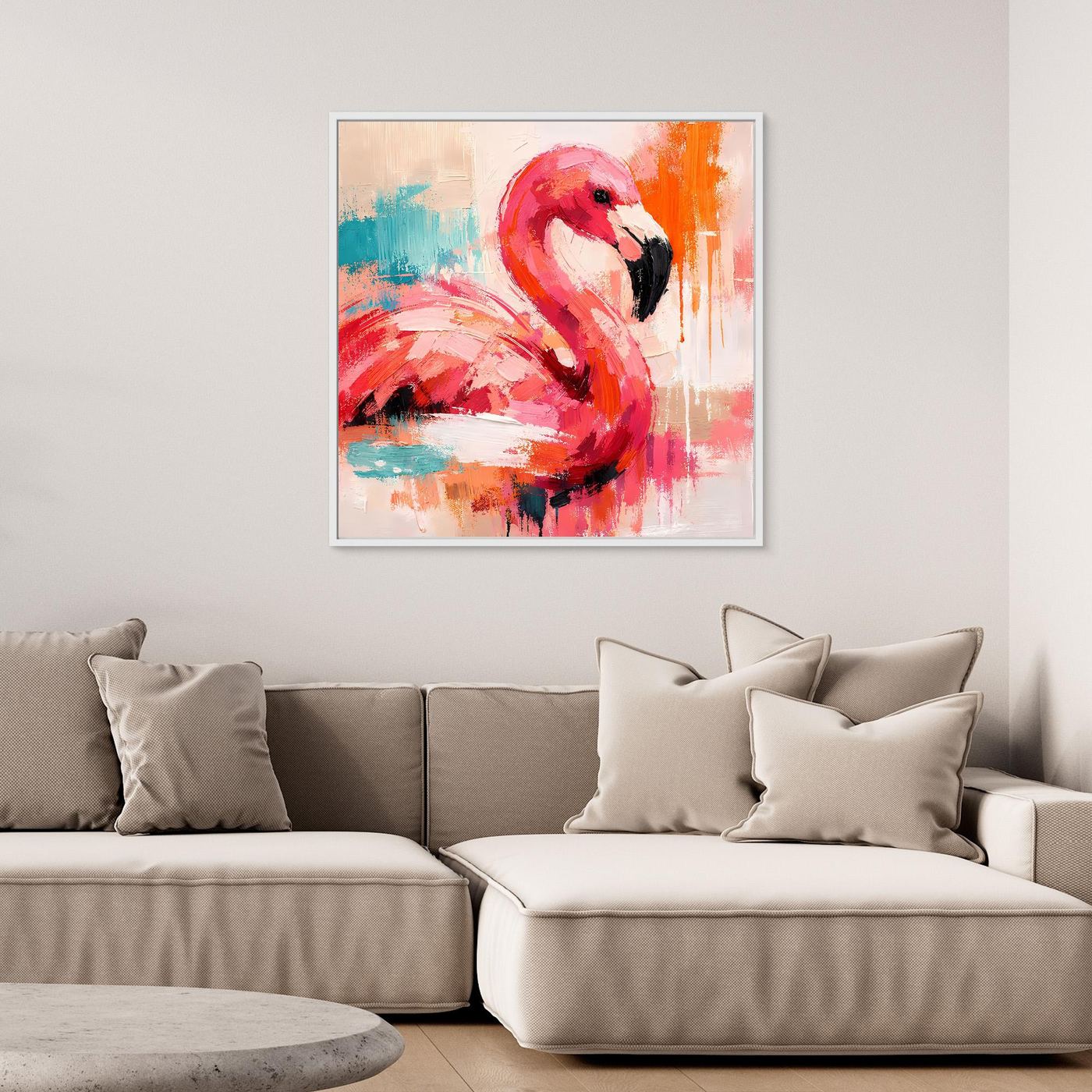Wandbild mit abstraktem Flamingo in Pink und Orange, weißer Rahmen.