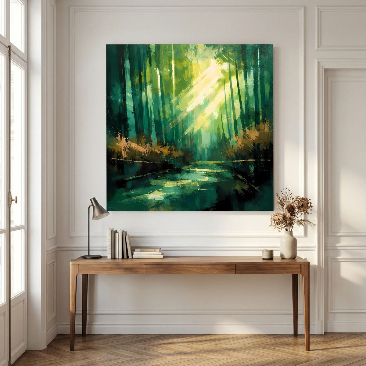 Quadratisches Leinwand-Wandbild: abstrakter Wald mit leuchtendem Licht über grünem Fluss