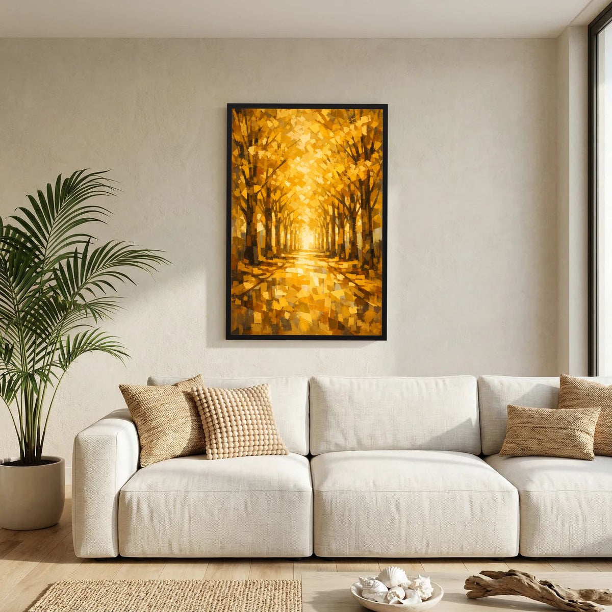 Herbst-Poster mit Baumallee in Gelb und Gold, schwarze Rahmung, Hochformat