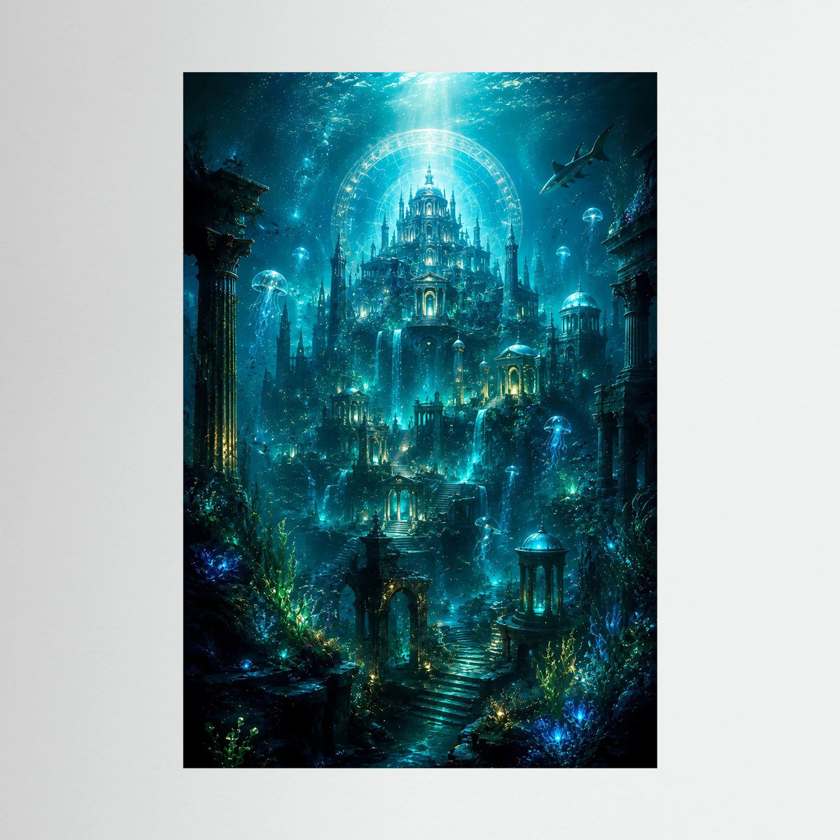 Hochformat-Poster mit versunkener Unterwasserstadt und kreisförmigem Portal über dem Tempel