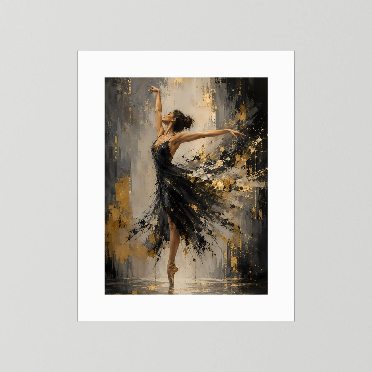 Kunstposter Ballerina in Schwarz und Gold mit weißem Rand, ohne Außenrahmen