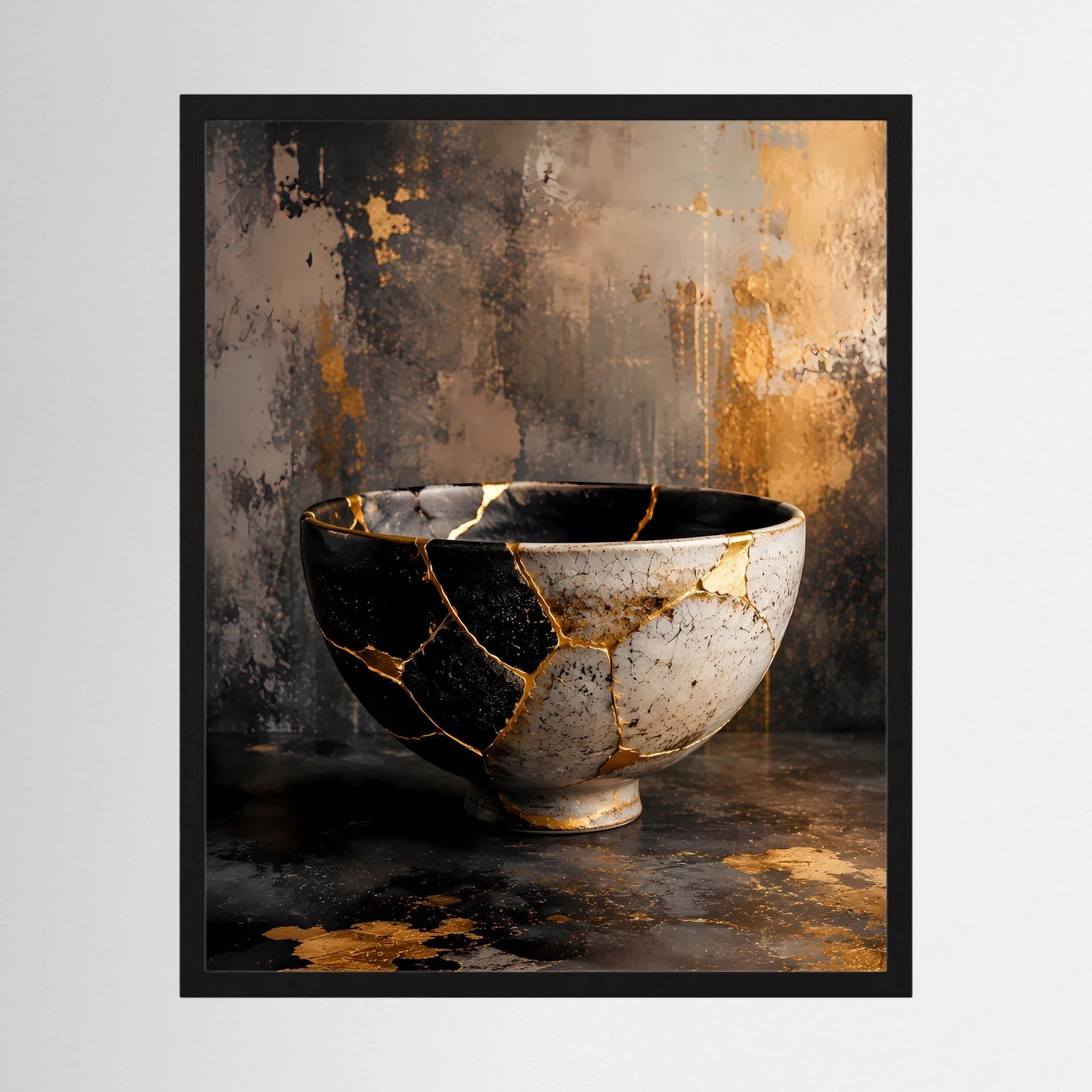 Gerahmtes Poster Hochformat: Kintsugi-Schale in Schwarz, Weiß und Gold