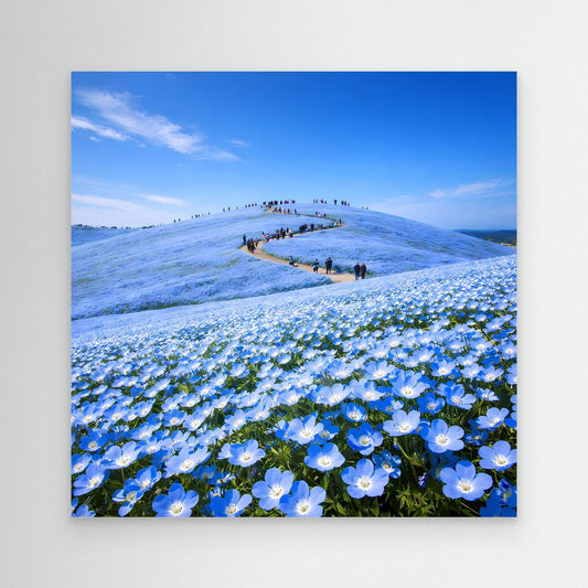 Leinwandbild mit blauem Blütenmeer und Hügellandschaft, ohne sichtbaren Rahmen