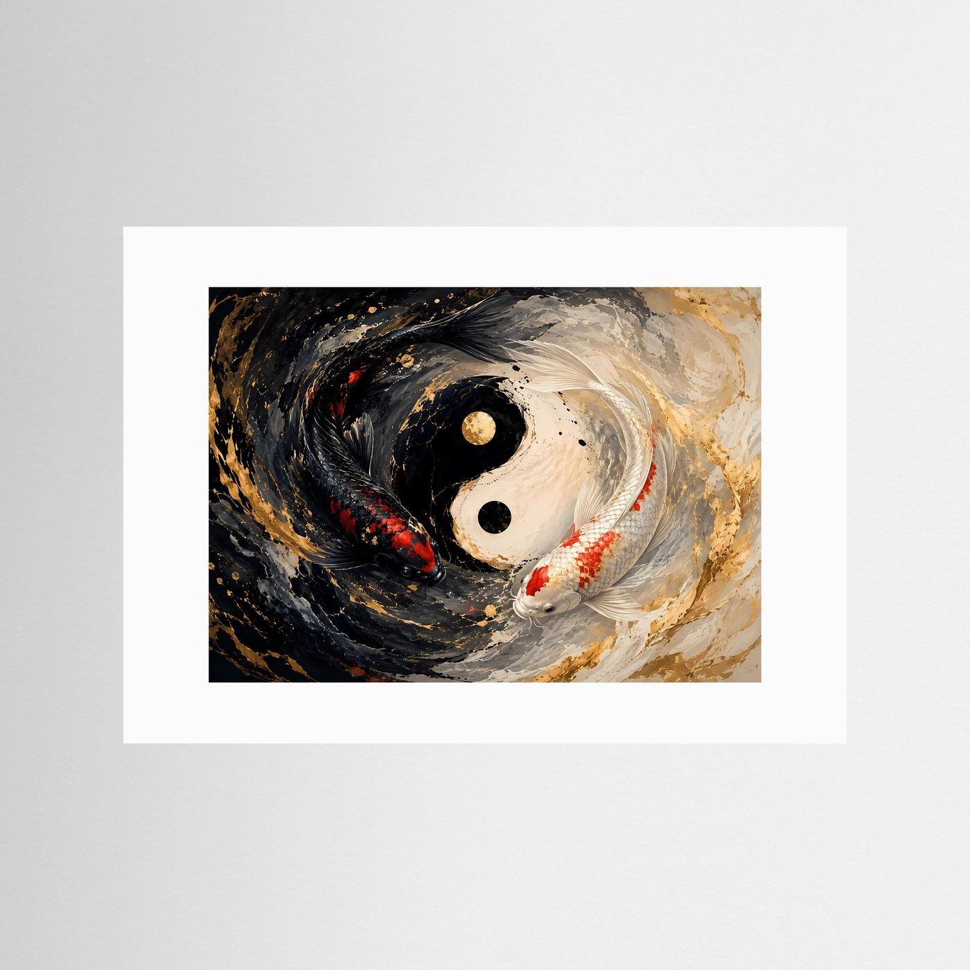 Yin Yang Koi Poster Querformat | Koi Karpfen Wandbild Schwarz Weiß Gold | Moderne Zen Kunst