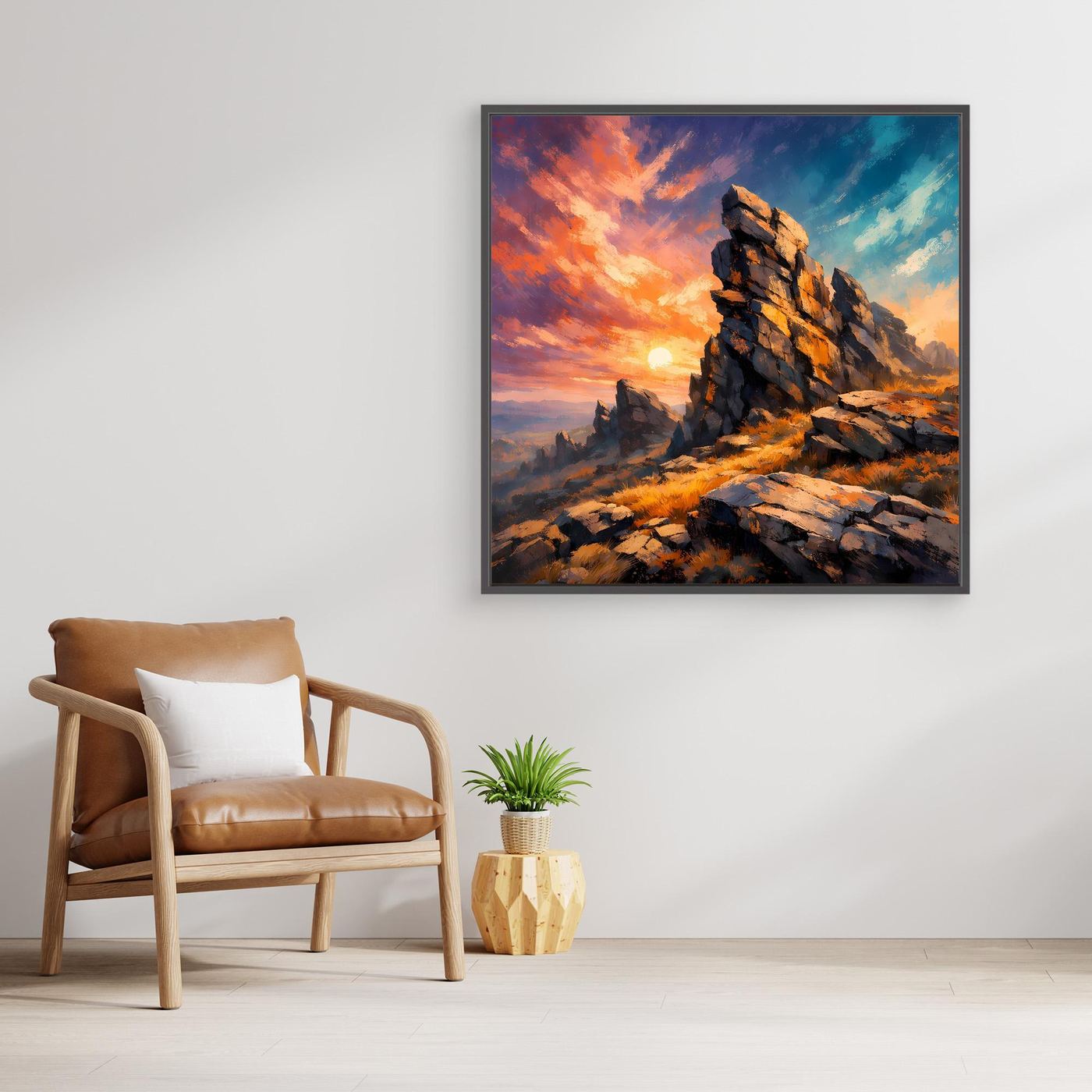 Premium Leinwand Monumentale Felsformation im Sonnenuntergang | Abstraktes Gebirge Wandbild