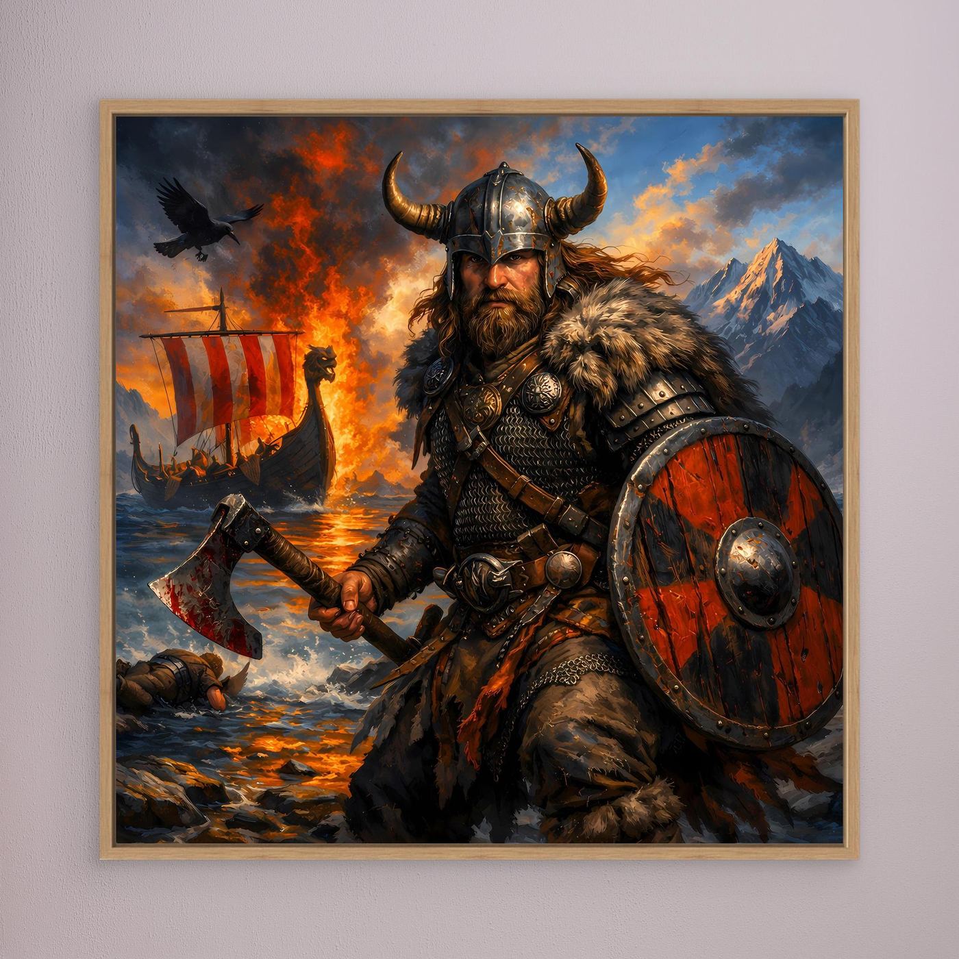 Leinwand Epischer Wikinger-Krieger an der Küste | Modernes Nordisches Wandbild
