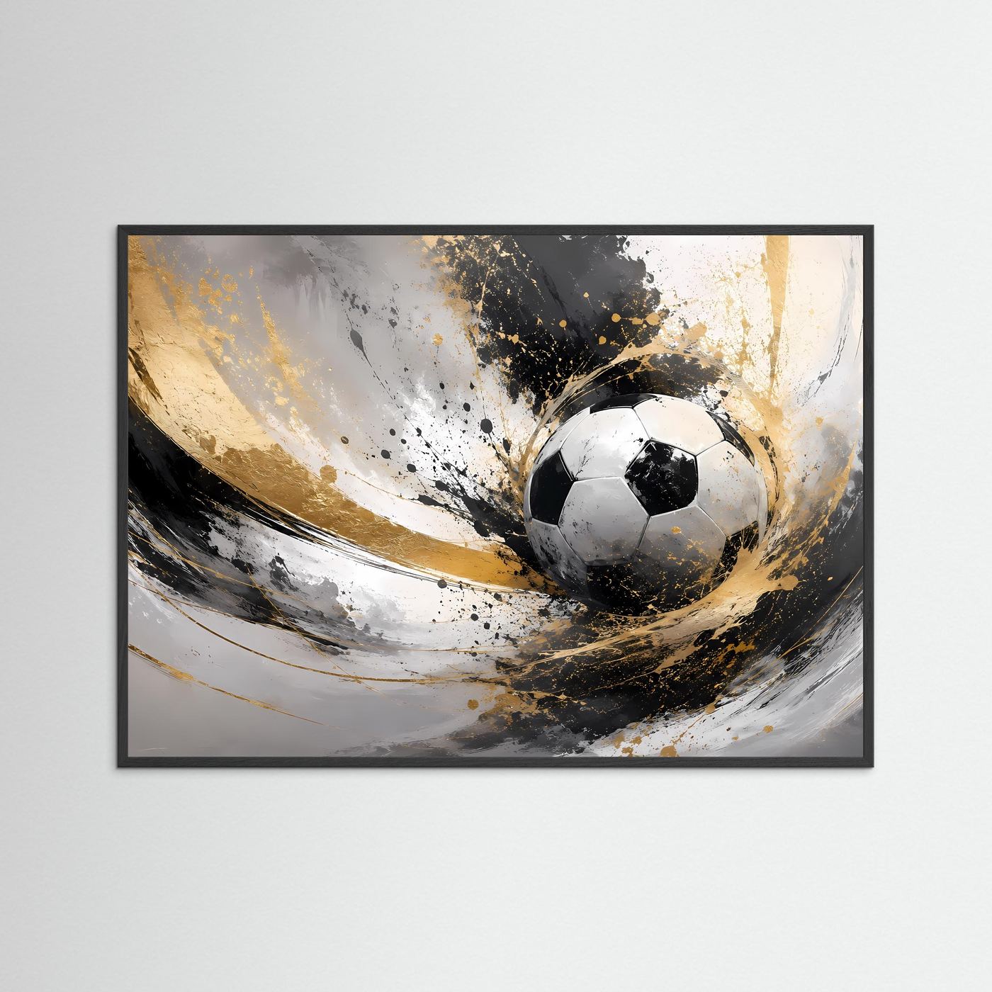 Gerahmtes Fußballkunst-Poster (schwarzer Rahmen) mit schwarzem Ball und Goldspritzern
