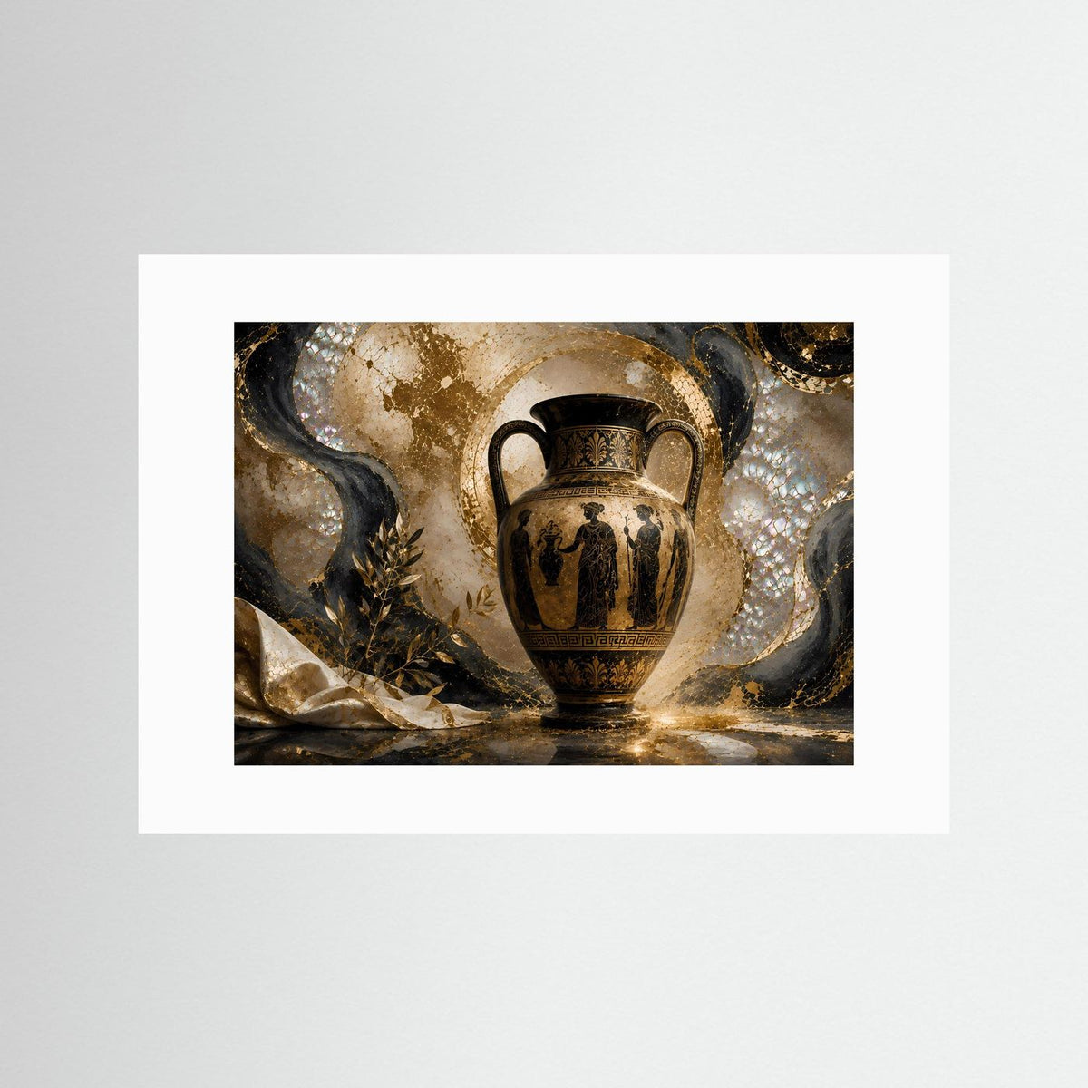 Antike griechische Amphore in Gold und Schwarz auf Kunstprint, weißer Passepartout