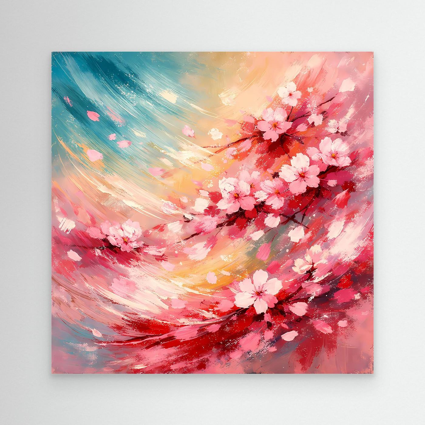 Leinwandbild mit abstrakten Kirschblüten in Rosa und Türkis, ohne Rahmen