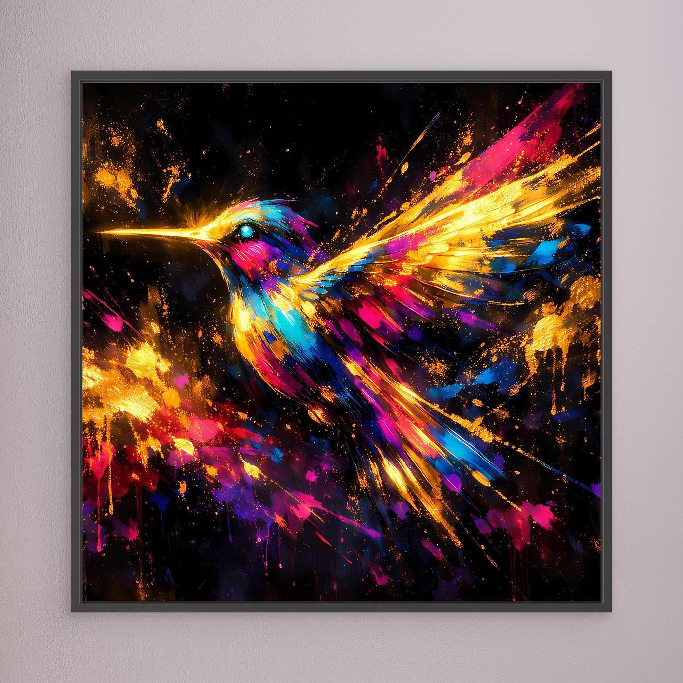 Leinwand Farbenfroher Kolibri im Flug | Abstraktes Modernes Wandbild Bunt