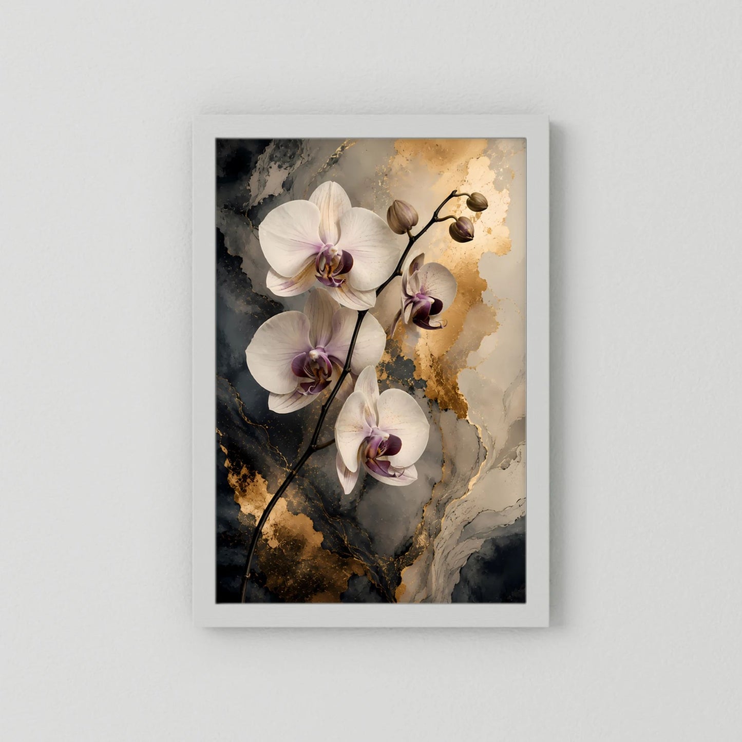 Weiße Orchideen mit Gold | Elegante Blüten auf Marmoroptik | Poster Hochformat
