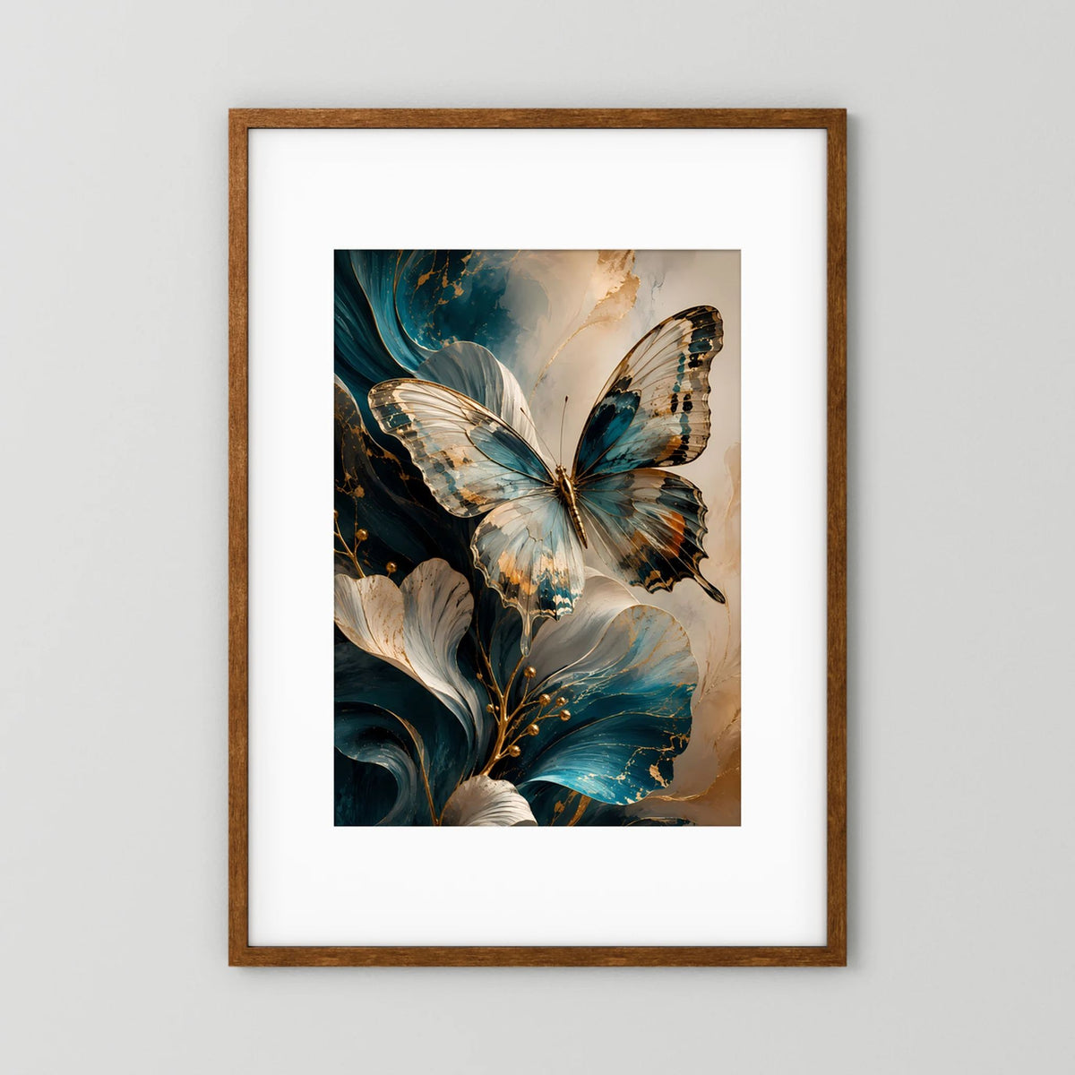 Eleganter Schmetterling in Petrol und Gold | Abstrakte florale Kunst | Poster Hochformat