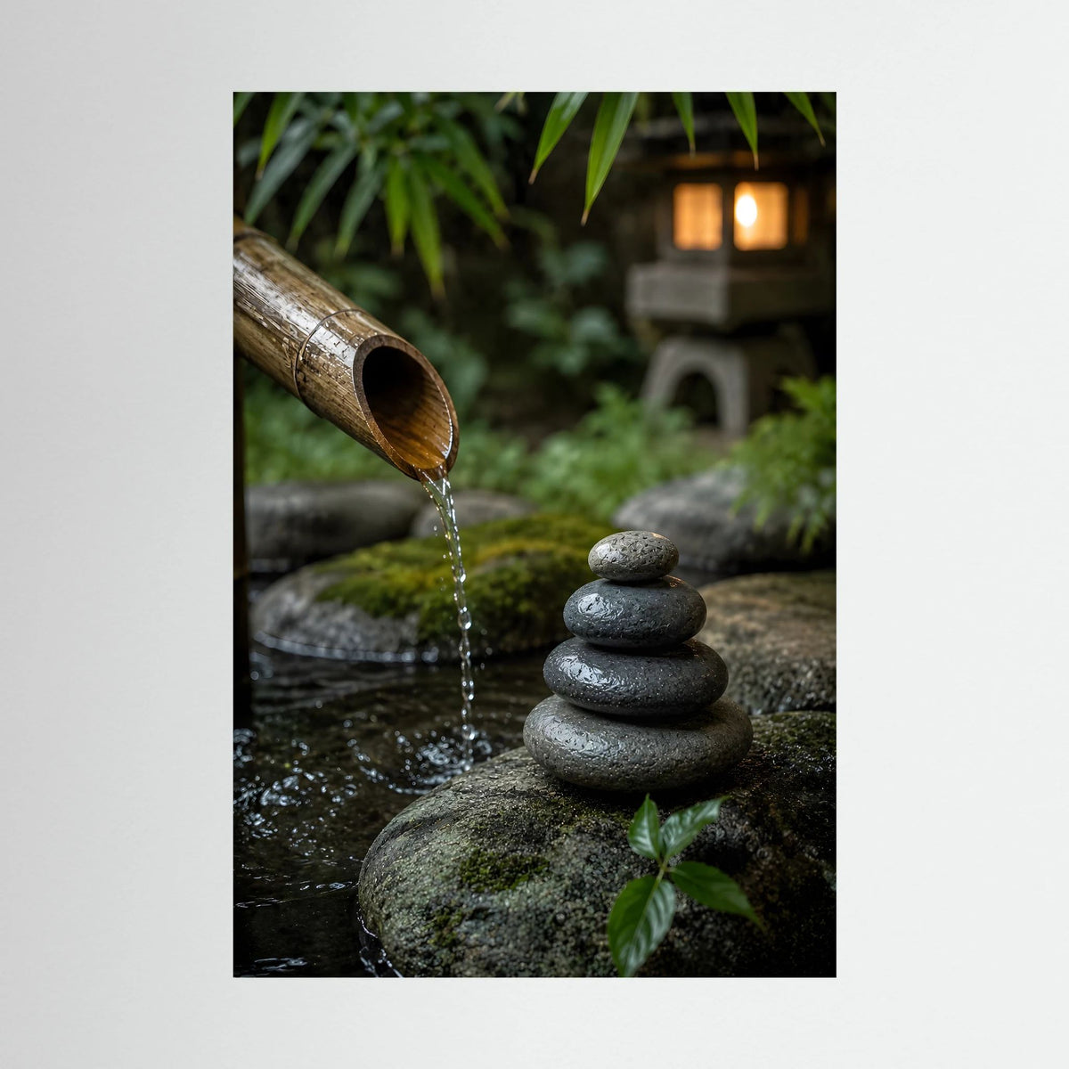 Zen-Garten-Poster mit Bambusrohr, fließendem Wasser und Steinstapel