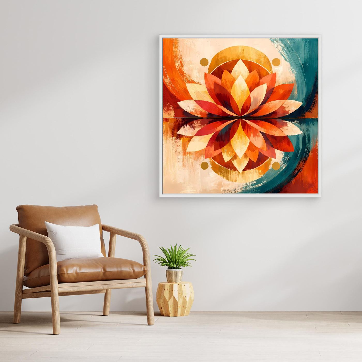 Gerahmtes Leinwandbild mit Lotus-Mandala, orangefarbene Blätter und türkisfarbiger Hintergrundbogen
