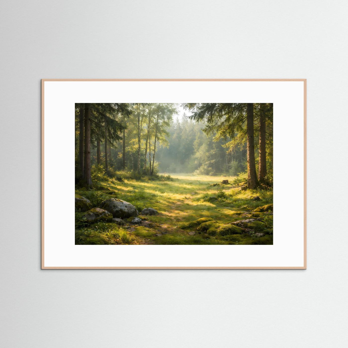 Sonnenlicht Wald Poster Querformat | Waldlichtung Natur Wandbild | Ruhige Landschaft Moderne Waldkunst