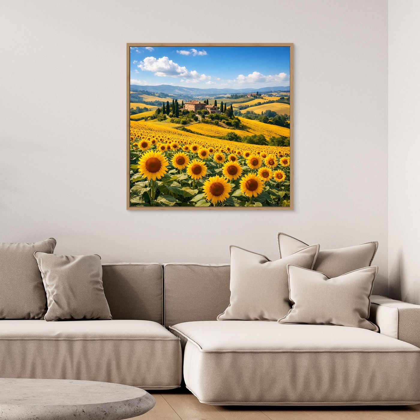 Leinwandbild mit Sonnenblumenfeld in der Toskana, quadratisch mit dunklem Rahmen