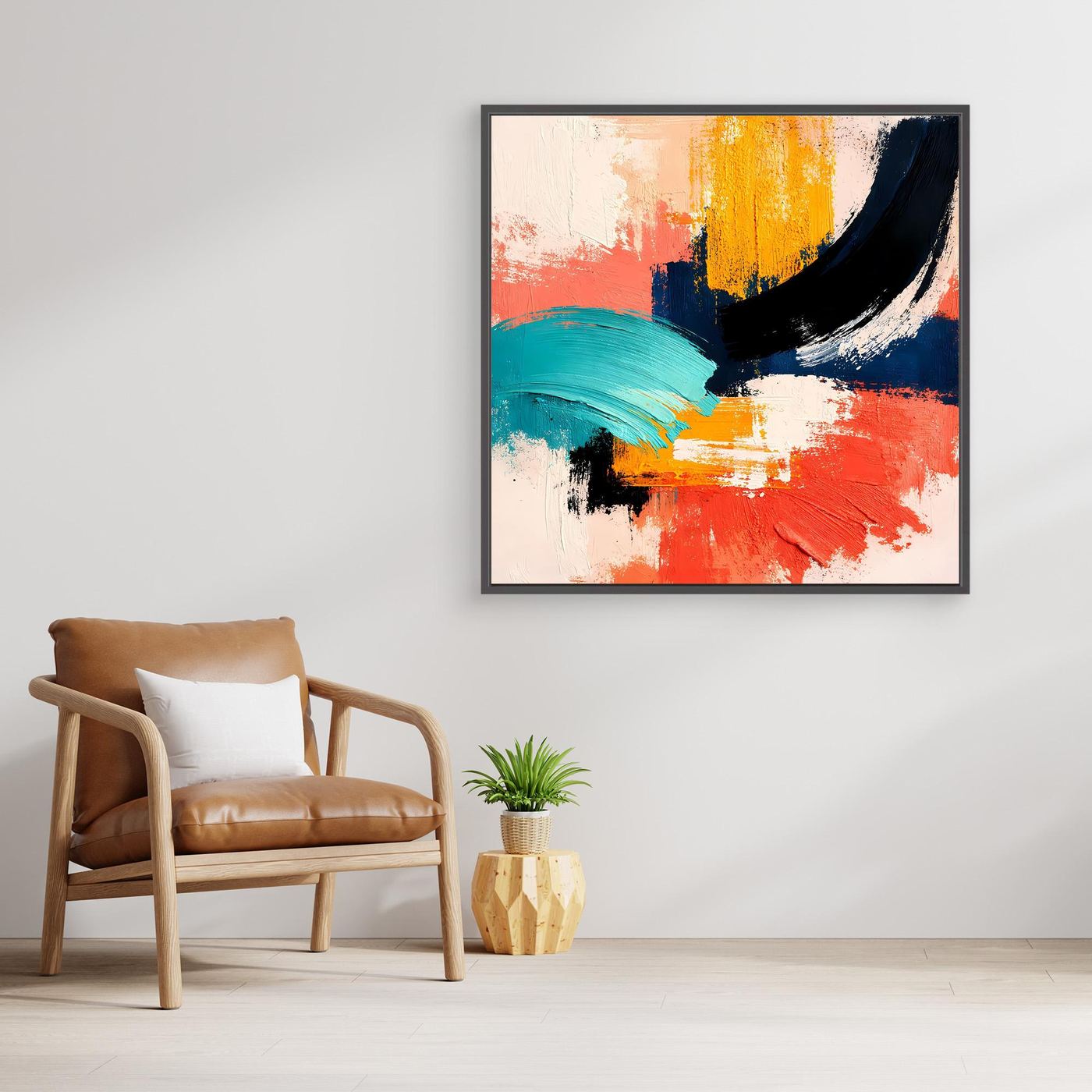 Black-framed abstract wall art canvas with white, teal, orange, yellow, and dark navy brush strokes
