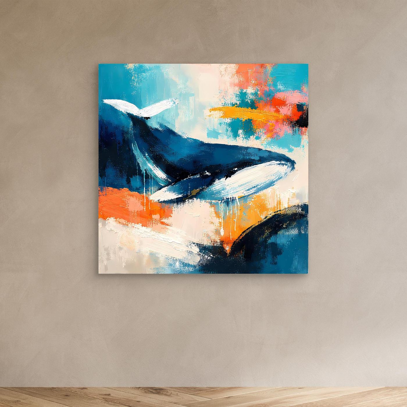 Leinwand-Wandbild mit abstraktem Wal, kräftige Blau- und Türkistöne, Orange und Weiß
