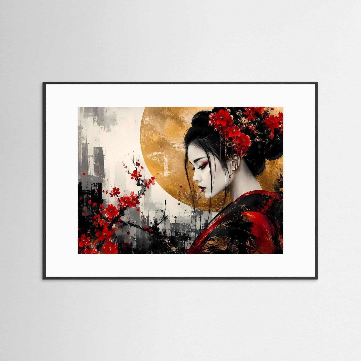 Geisha-Wandbild mit schwarzem Rahmen und weißem Passepartout: Geisha in Rot.