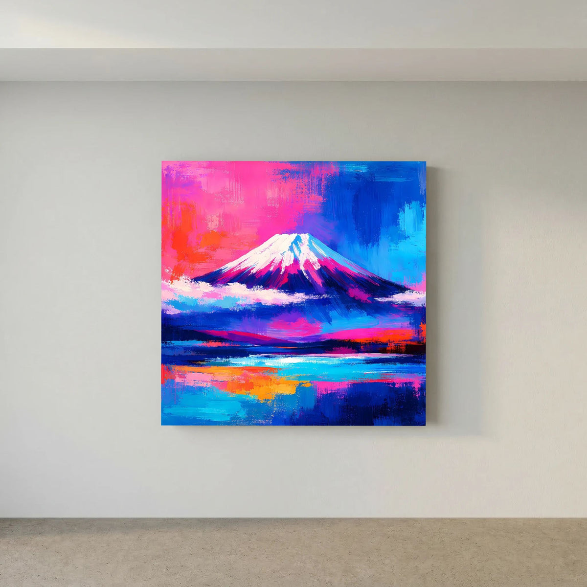 Abstraktes Leinwandbild mit Fuji-Berg, pink-blauer Himmelsfläche und Spiegelung