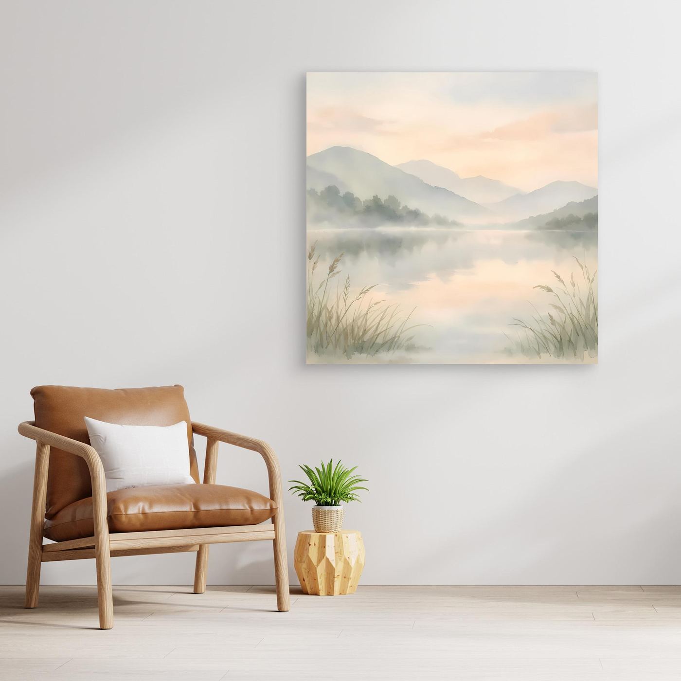 Leinwandbild Bergsee im Nebel, mit aquarellartigem Motiv, ohne sichtbaren Rahmen