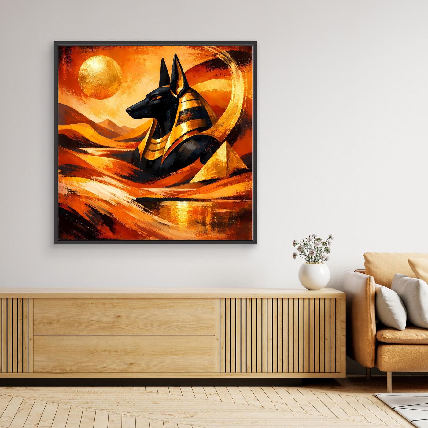 Leinwandbild mit Anubis im Wüstendesign, schwarzes Rahmenprofil