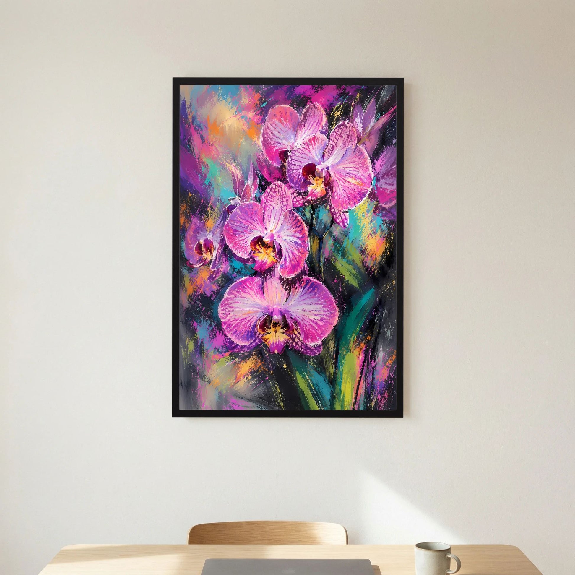 Nahes Hochformat-Kunstposter mit Orchideen in Pink und Violett, schwarzer Rahmen