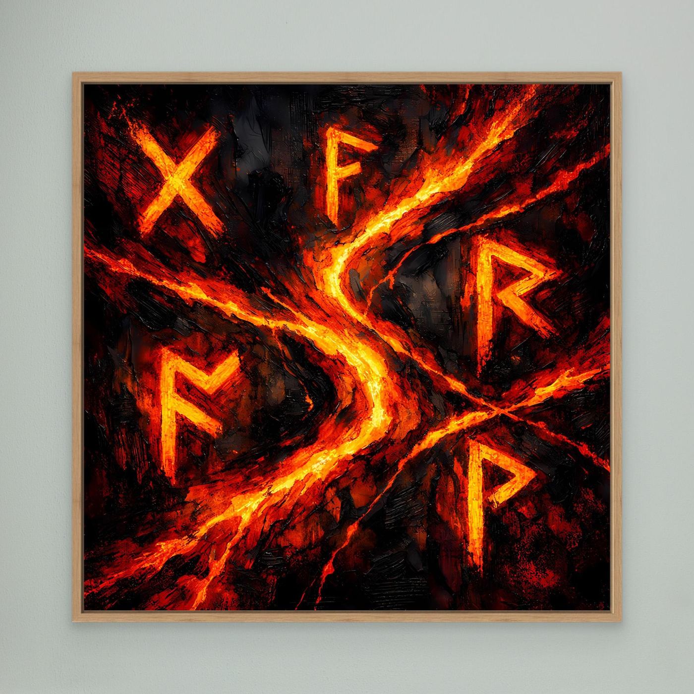 Wandbild mit mystischen Runen, mit Eichenholzrahmen; schwarzer Hintergrund, leuchtende Rot-Orange Flammen