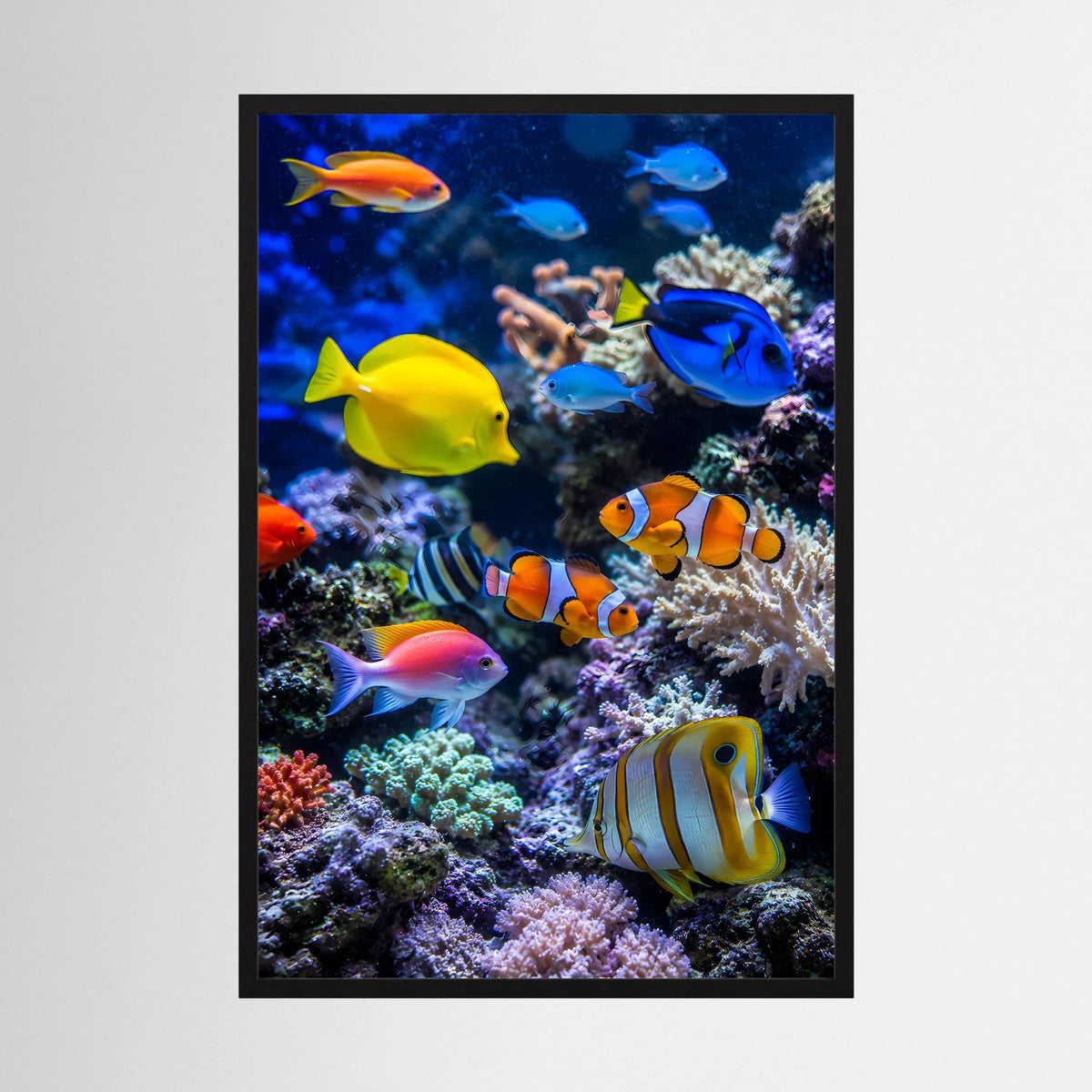 Hochformat-Poster mit bunten Tropenfischen und Korallenriff im schwarzen Rahmen