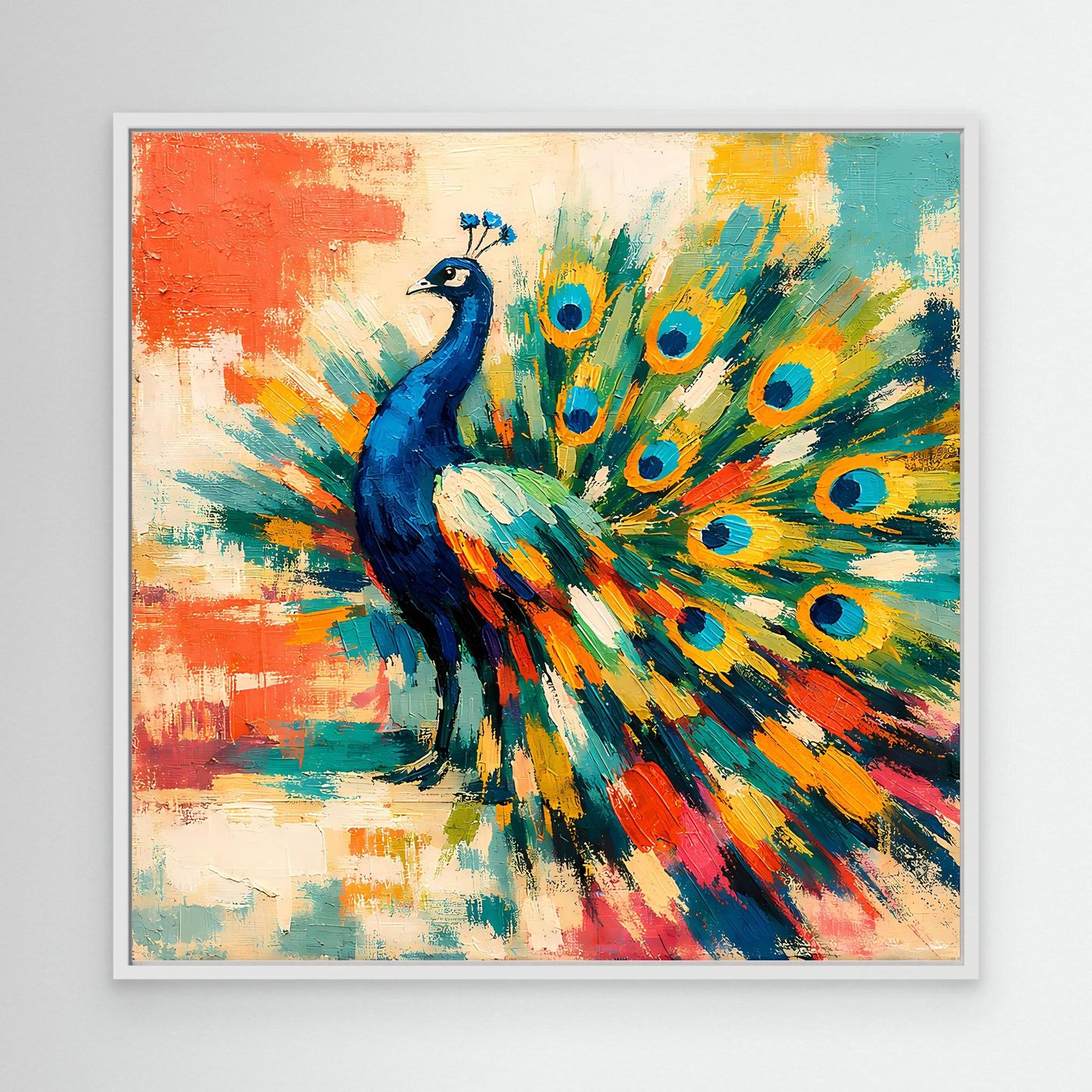 Peacock canvas wall art with colorful fan feathers, white frame