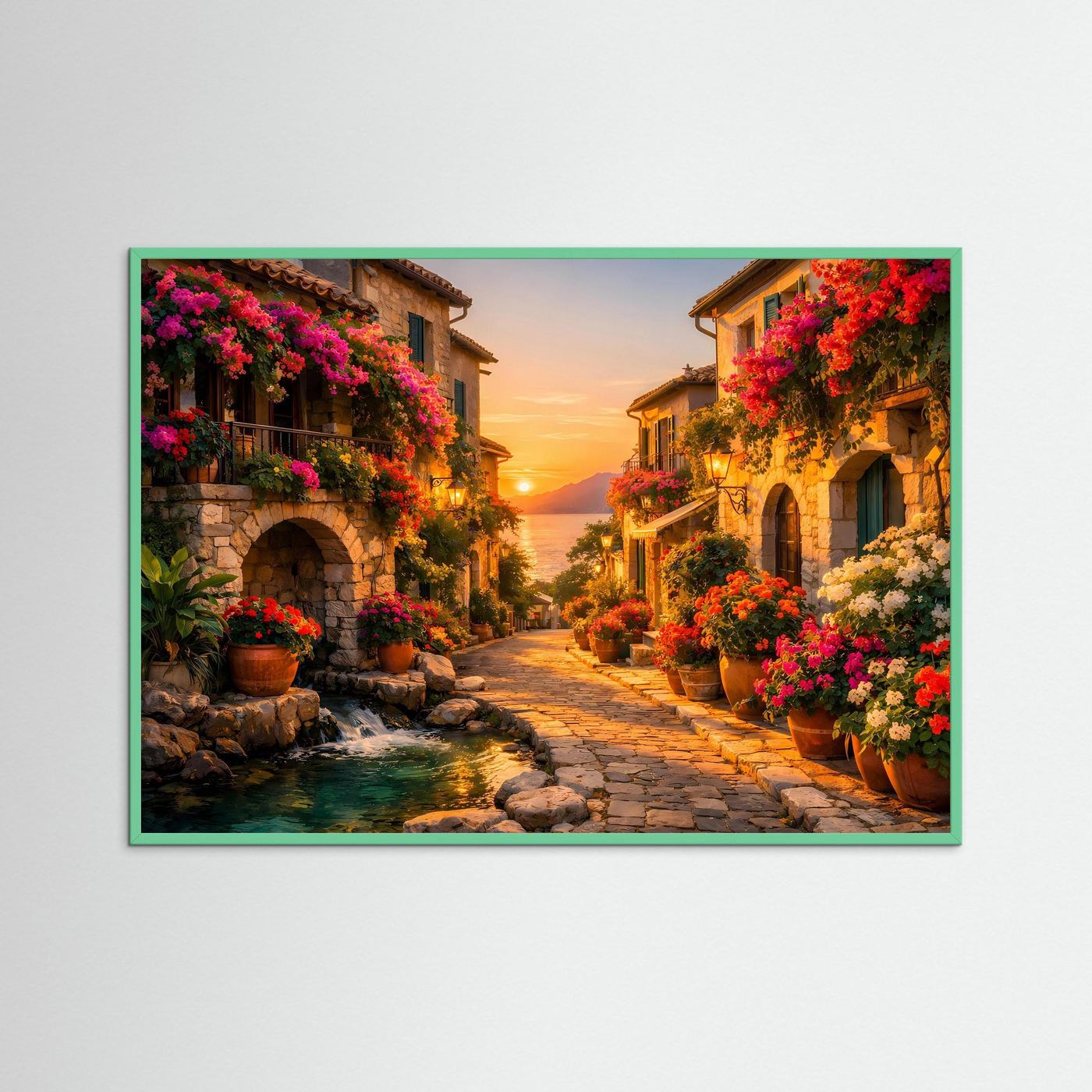 Gerahmtes Wandbild: mediterrane Gasse mit Blumen und Bach bei Abenddämmerung, grüner Rahmen