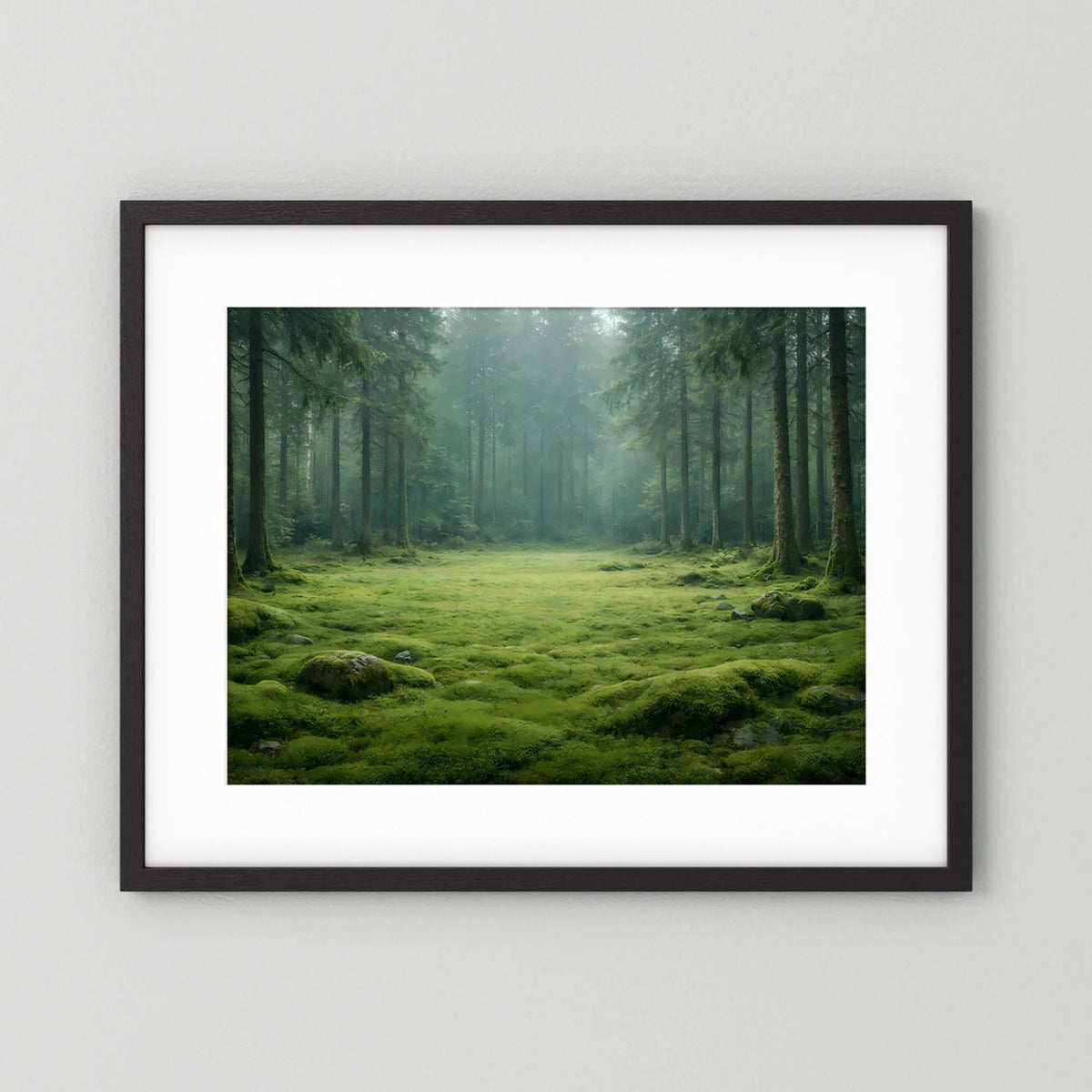 Wandbild mit schwarzem Rahmen und weißem Rand, Waldlichtung, grünem Moos