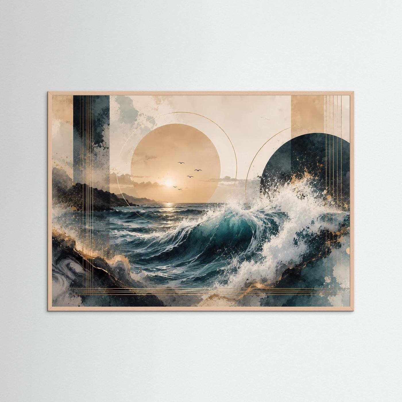 Poster im Querformat mit Roséholzrahmen, abstrakte Meerwellen in Blau und Gold.
