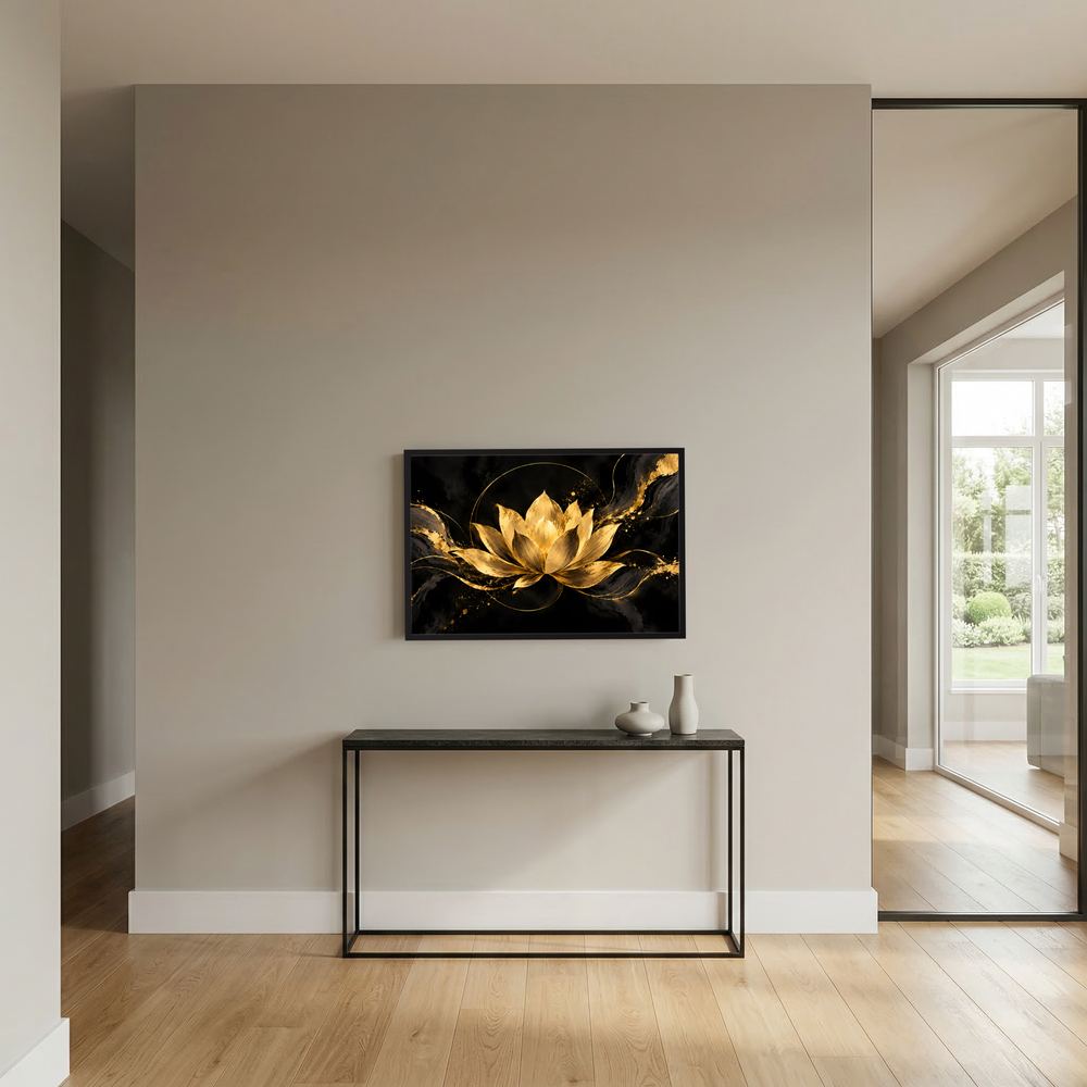 Wandposter mit goldener Lotusblüte, dunklem Hintergrund, kleiner schwarzer Rahmen