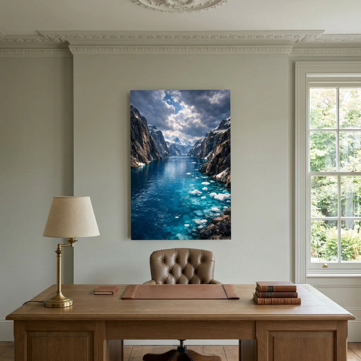 Poster im Hochformat mit Fjordlandschaft, türkisblaues Wasser und schwimmendem Eis