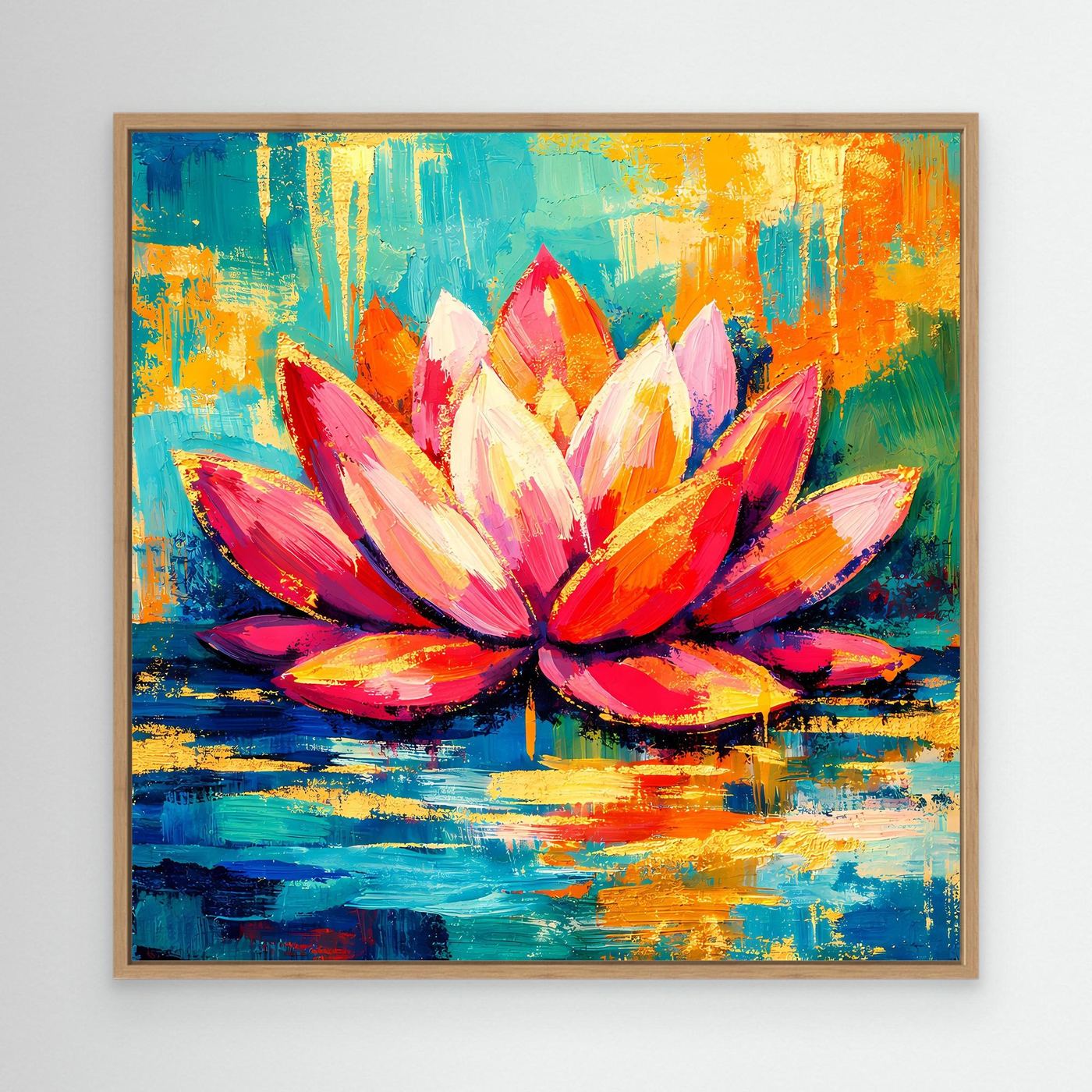 Abstraktes Lotus-Wandbild in hellem Eichenrahmen, bunte Blütenblätter auf türkis-gelbem Grund