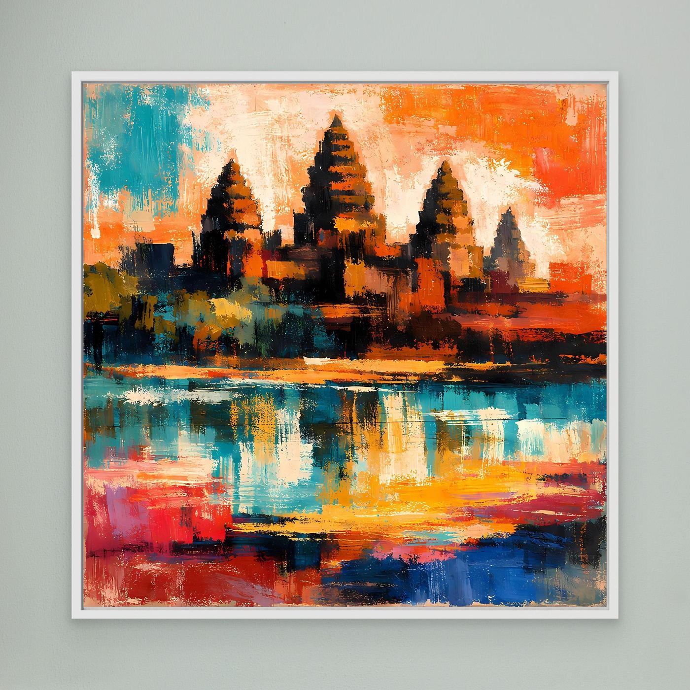 Wandbild mit abstrakter Maya-Pyramide, orange- und blaufarbene Farbfelder, weiß gerahmt.