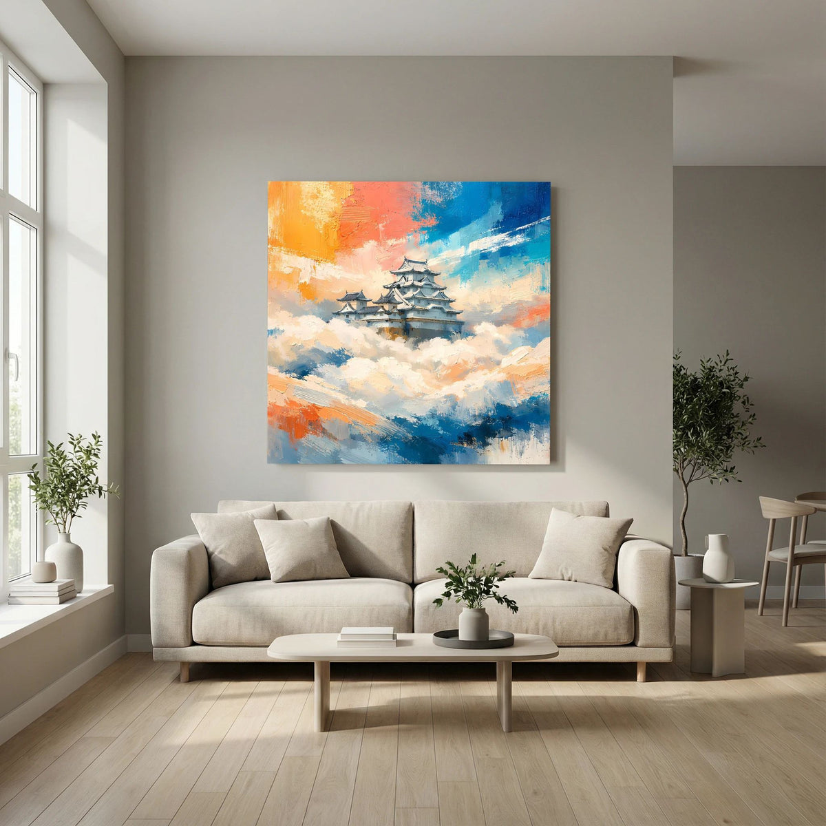 Wandbild auf Leinwand: japanische Burg über Wolken, farbige Wolken und Himmel