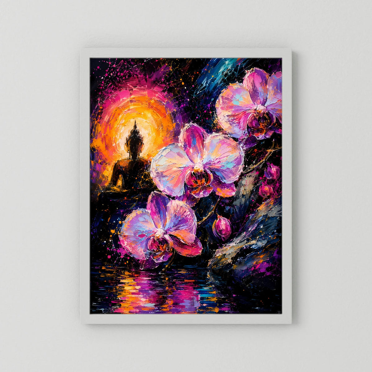 Poster mit Buddha-Silhouette und pinken Orchideen in Neonfarben, im weißen Passepartout